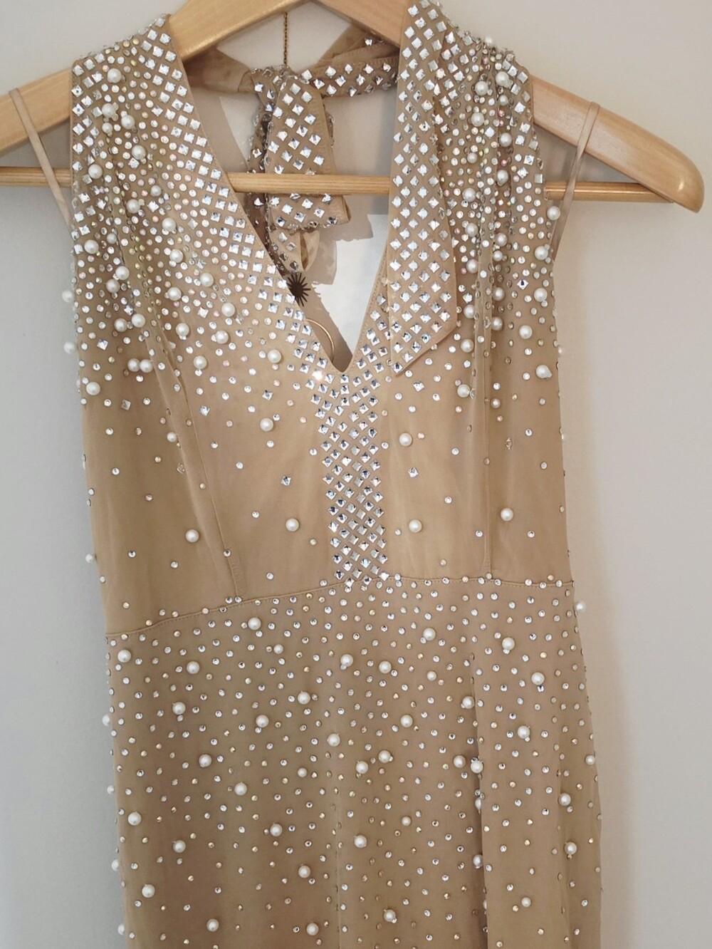Banjul NWT Pearl Rhinestone Embellished Halter Bodycon Mini Dress Size Large
